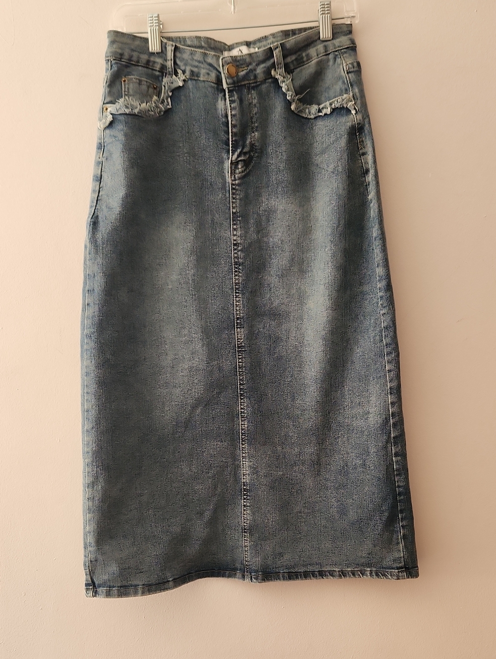 Falmer Heritage Light Blue Washed Denim Cotton Blend Midi Skirt Raw Pockets L